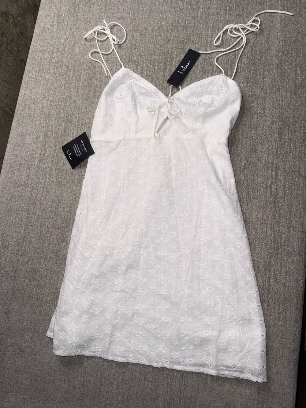 Lulus Palm Springs Perfect White Eyelet Tie Strap Mini Dress XS NWT